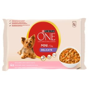   Purina One Mini Delicate nedves kutyaeledel lazaccal, rizzsel és sárgarépával szószban 4 x 85 g