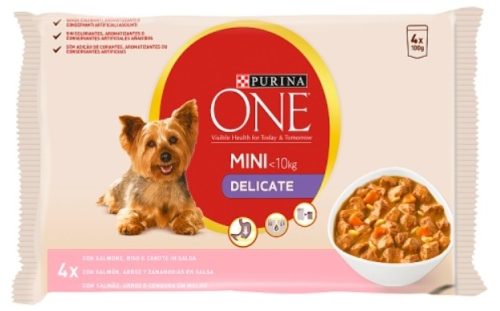 Purina One Mini Delicate nedves kutyaeledel lazaccal, rizzsel és sárgarépával szószban 4 x 100 g