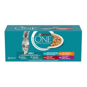   Purina One Adult csirkével/marhával/báránnyal/tengeri hallal szószban nedves macskaeledel 40x85g