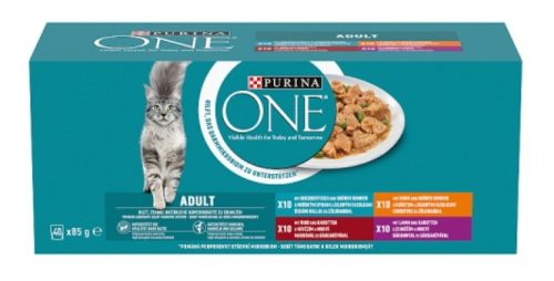 Purina One Adult csirkével/marhával/báránnyal/tengeri hallal szószban nedves macskaeledel 40x85g